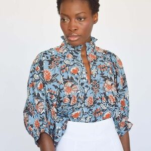 NEVER A WALLFLOWER Ruffle Neck Balloon Sleeves Floral Blue & Orange Women's Top